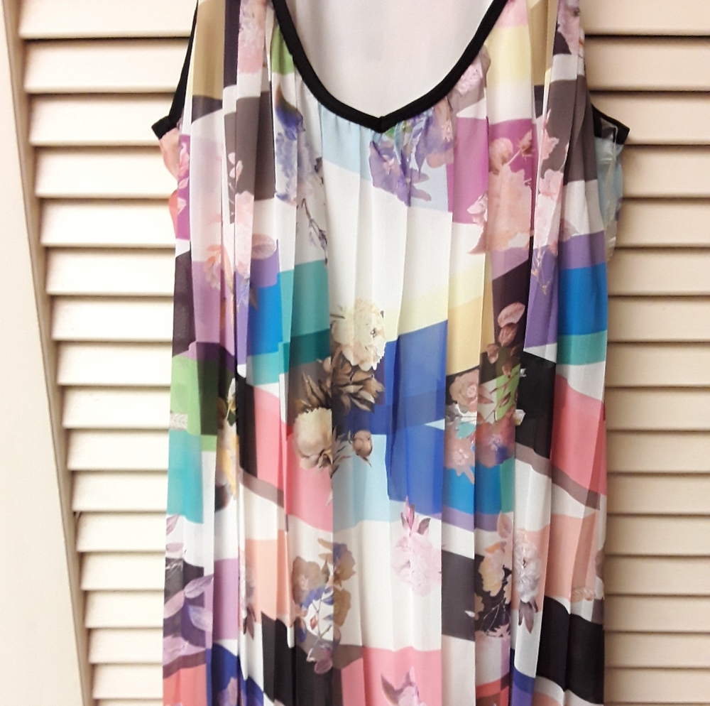 Floral Rainbow Boho Color Block Pleated Maxi Dress